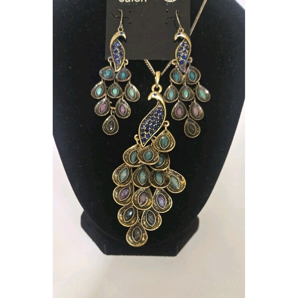 VTG Antique Gold Tone Peacock Penda Pendant 28” Chain Necklace & Dangle Earrings
